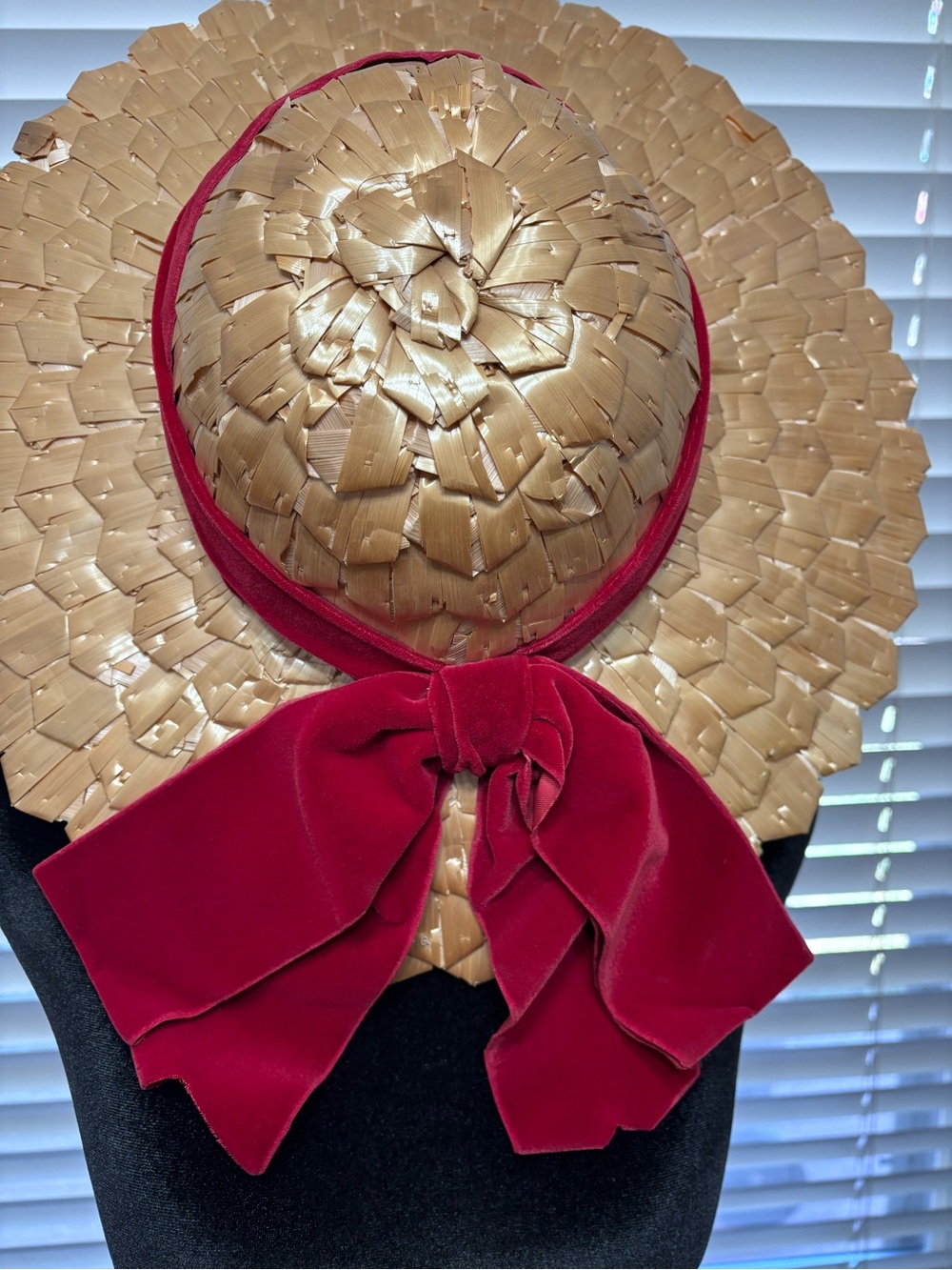 Vintage 1940s 1950s Styled by Coralie Wide Brim Straw Picture Hat Velvet Bow